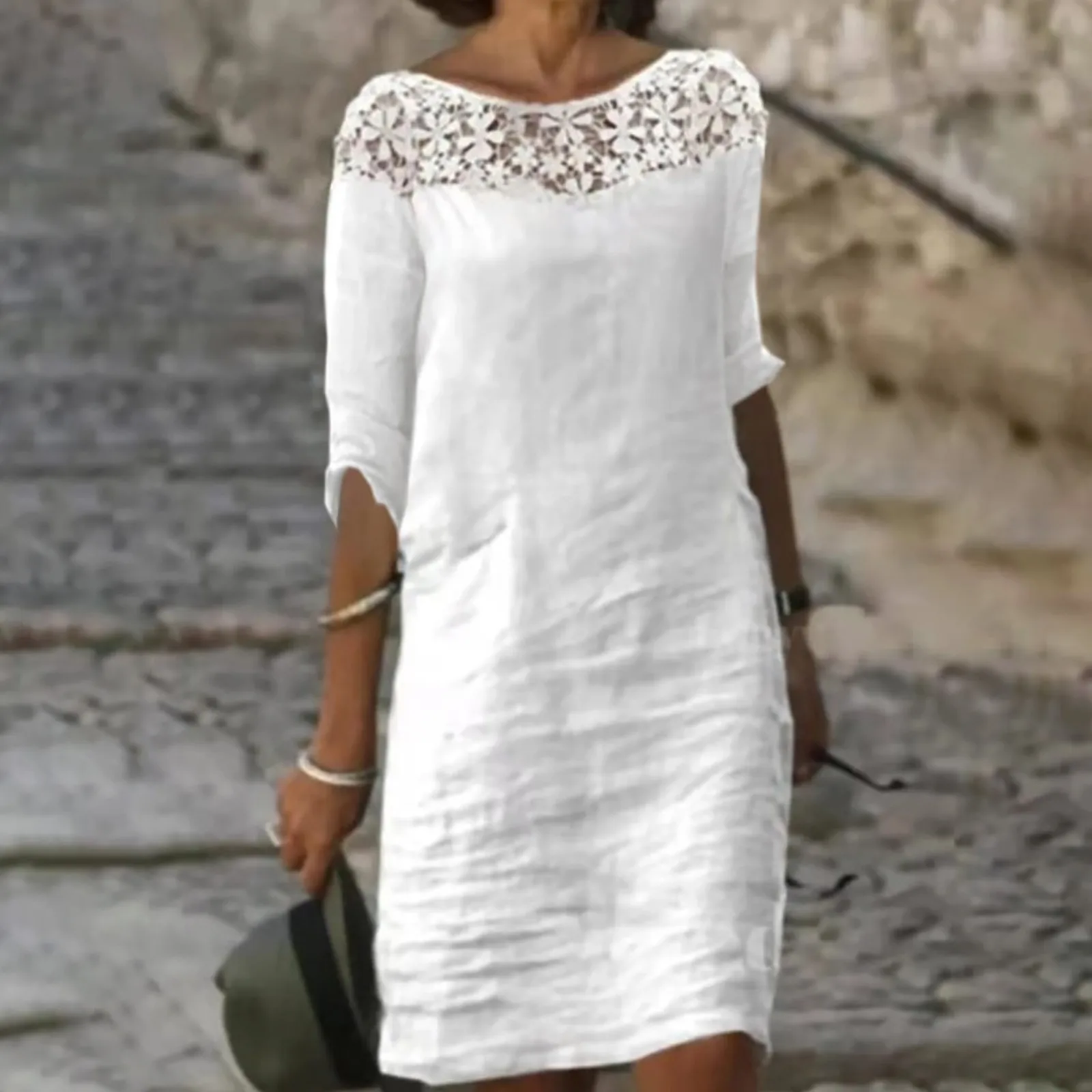 Women Summer Dress Middle Sleeve Lace Neck Casual Dress Mini Dress Boho Beach Loose Graduation Luxury Chic Feminino