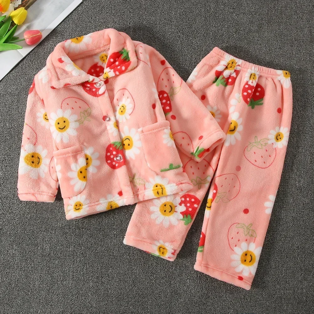 New 2024 Kids Boys Girls Autumn Winter Flannel Pajamas Cartoon Long Sleeve Lapel Tops with Pants Pyjamas Sleepwear Clothing Sets