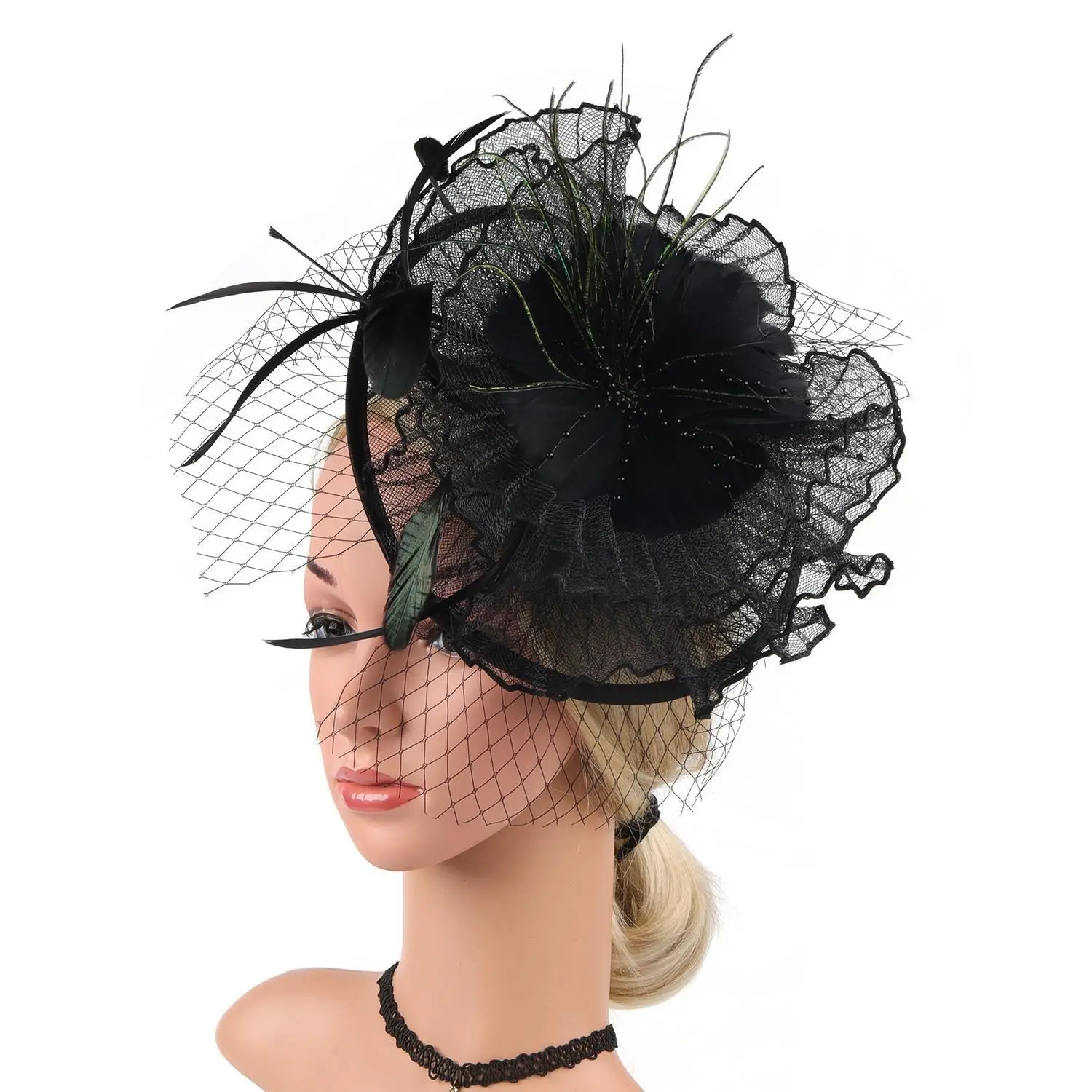 Vintage Mesh Small Top Hat Bridal Veil Hair Ornament Head Flower Feather Top Hat Party Ball Party Head Ball