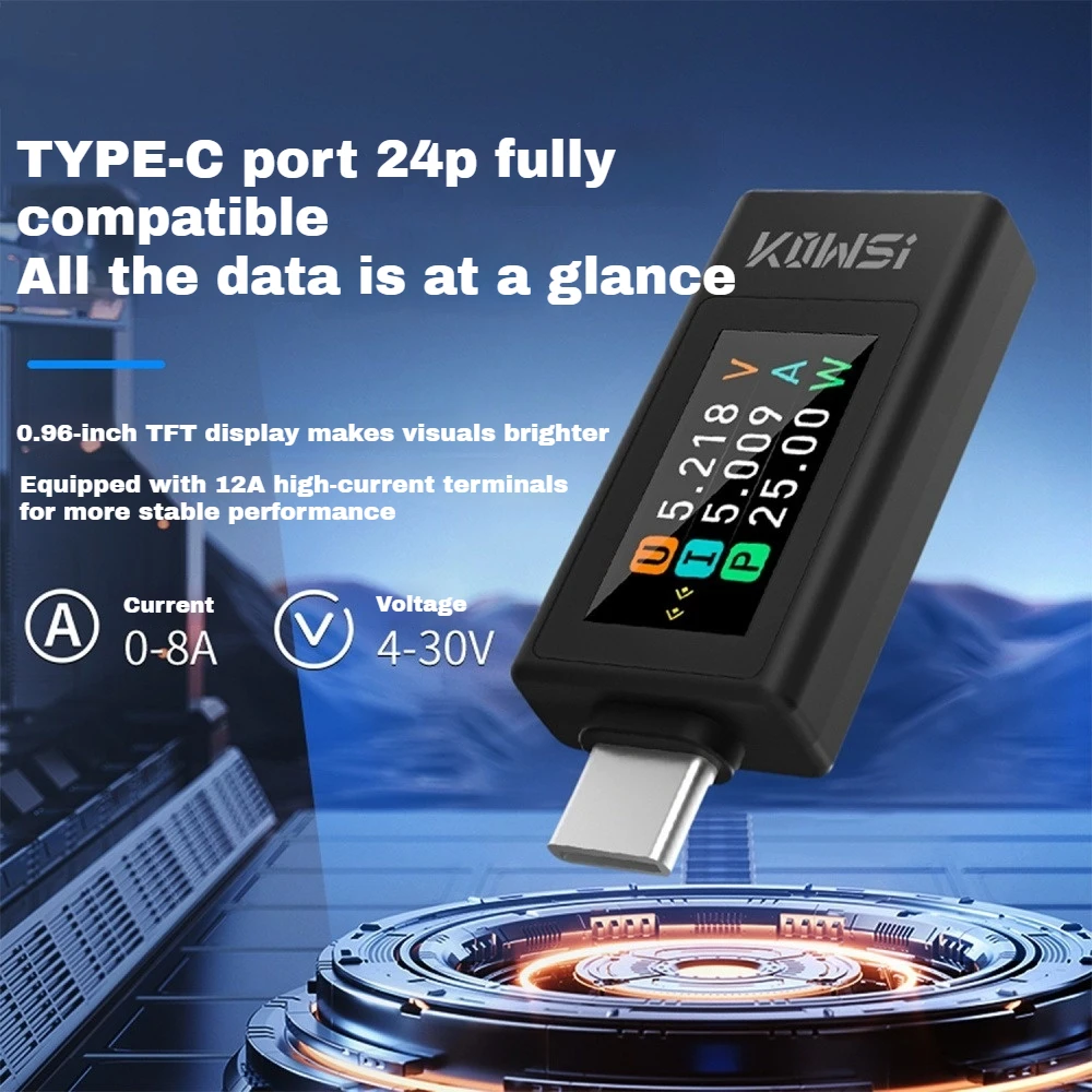 

0.96 Inch TFT Display Type-C 4-30V 0-8A Current Voltage Monitor Fast Charging Voltage Ammeter Power Meter with Power Off Storage