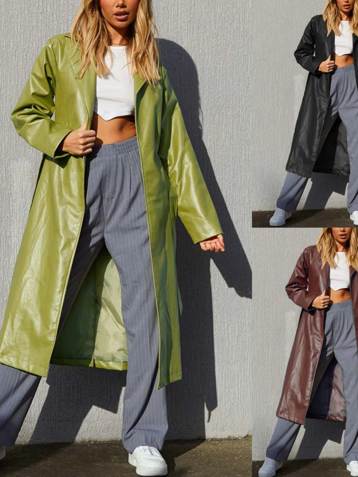 

Осенне-зимнее длинное женское кожаное тюнер, повседневное универсальное пальто из искусственной кожи с поясом на талии, уличное однотонное пальто прямого кроя