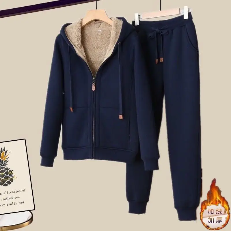 Chaqueta deportiva informal de otoño e invierno con conjunto de Top grueso y de felpa para mujer, conjunto de dos piezas holgado y moderno