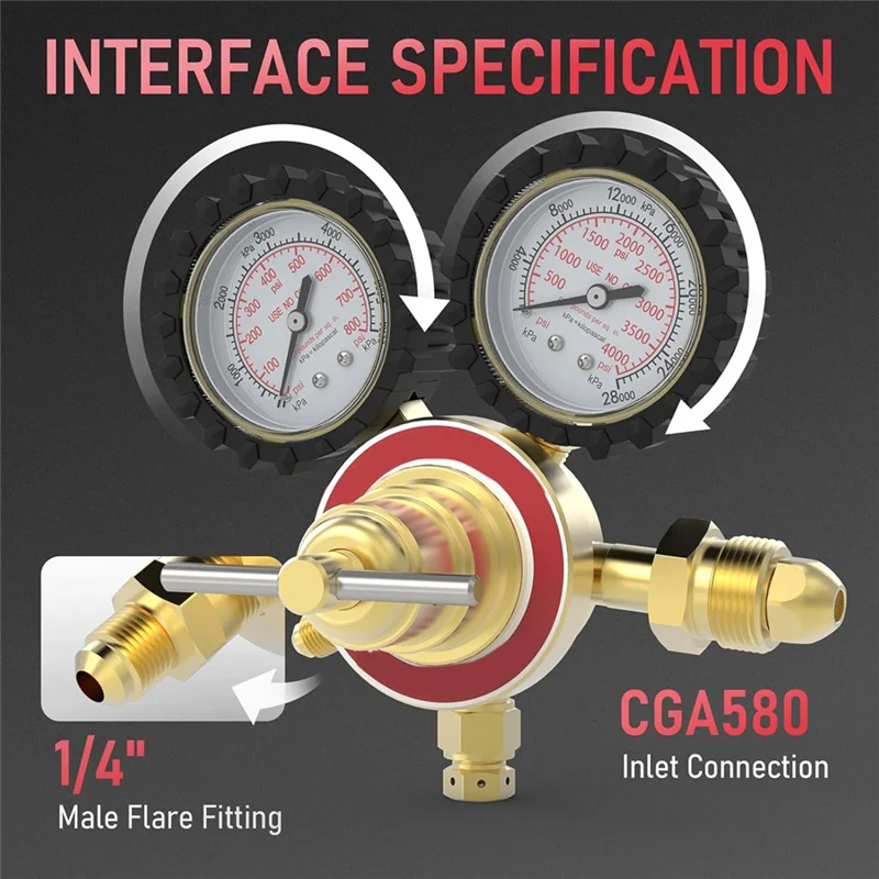 YWDZ-Nitrogen Regulator+Hose,0-800 PSI And 0-4000PSI Output Pressure,CGA580 Inlet Connection And 1/4In Male Flare Fitting