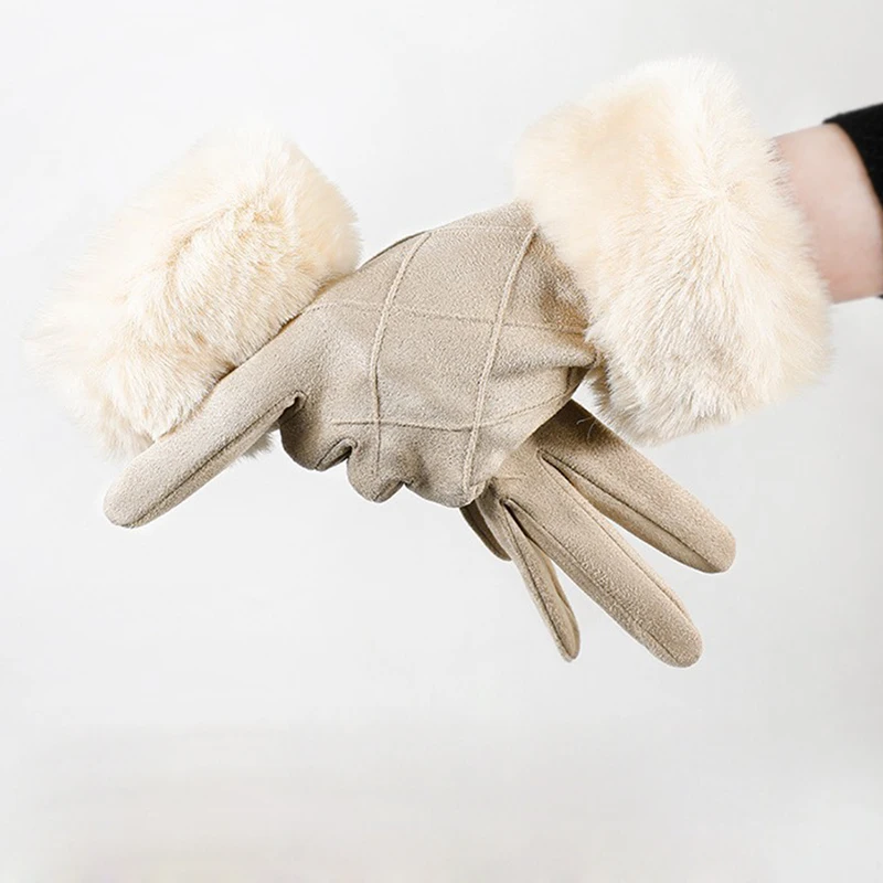 النساء الشتاء الدفء شاشة تعمل باللمس الجلد المدبوغ شعرية قفازات شعر المعصم موضة أنيقة مزاجه يندبروف محرك #3