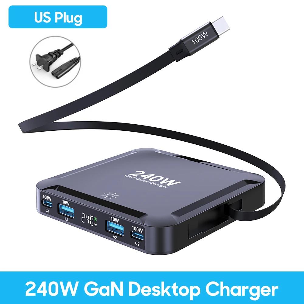 Ubigbuy 240W GaN-oplader Digitaal display Snel laadstation met 100W USB C intrekbare kabel voor iPhone 17 Samsung MacBook