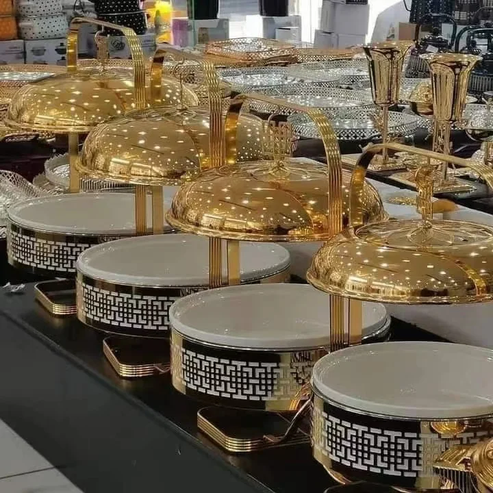 Luxury Gold Round Hanging Chafing Dishes Hotel Wedding Buffet Equipment Dishes for Catering Restaurant Heating Food Warmer