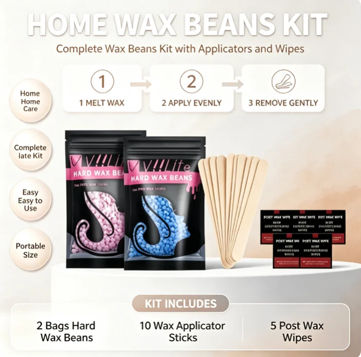 Viilife Complete Hard Wax Beans Kit, 2 Colors Wax Beads, Wooden Spatulas & After-wax Wipes, Beginner Unisex Waxing Set