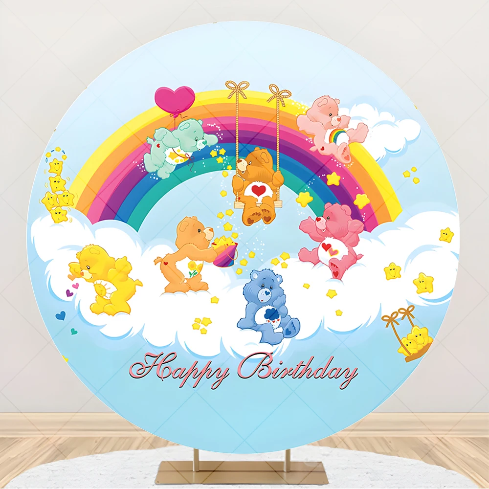 Care Bear Round Photo Backdrop Custom Kids Birthday Party Cartoon Rainbow Circle Photography Backgrounds Baby Shower Decoration