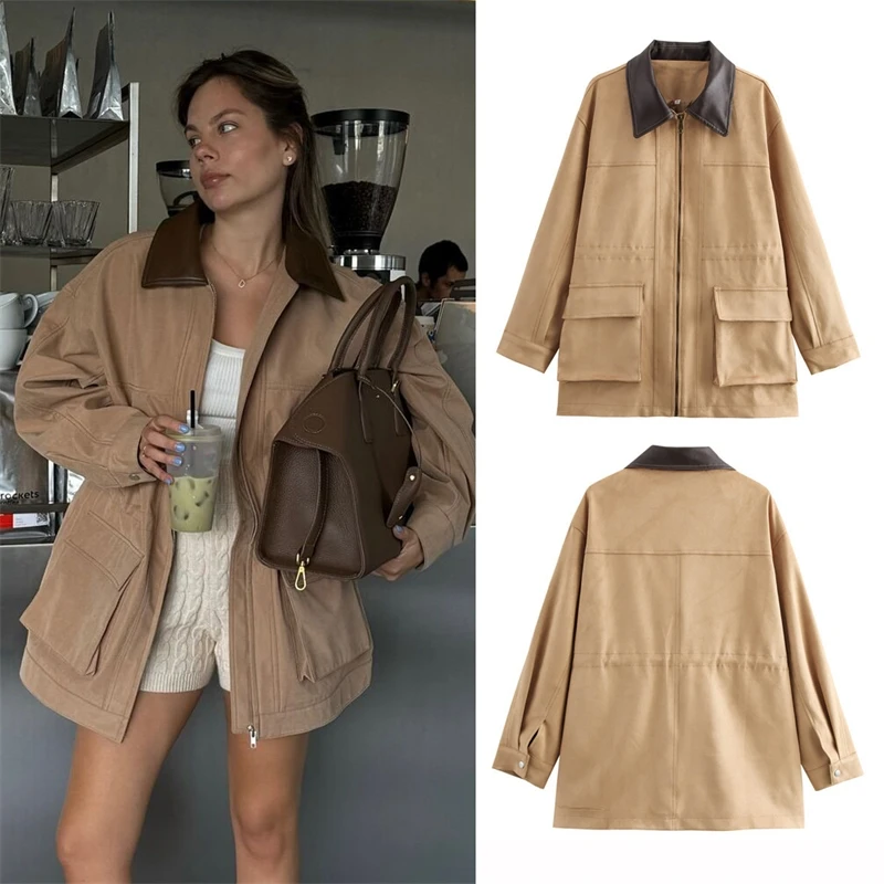 

Khaki PU Leather Lapel Patchwork Women's Jacket Loose Zipper Drawstring Waist Pockets Casual Chic Autumn Layer For Office Travel