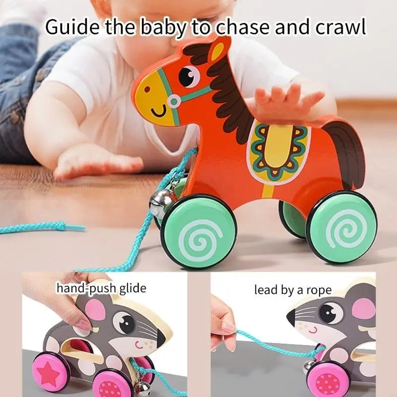 

J2HD Colorful Pull-Along Wooden Pull Toddler Toy Cartoon Animal Pull Car Wooden Pull Along Toy Ringing Cart