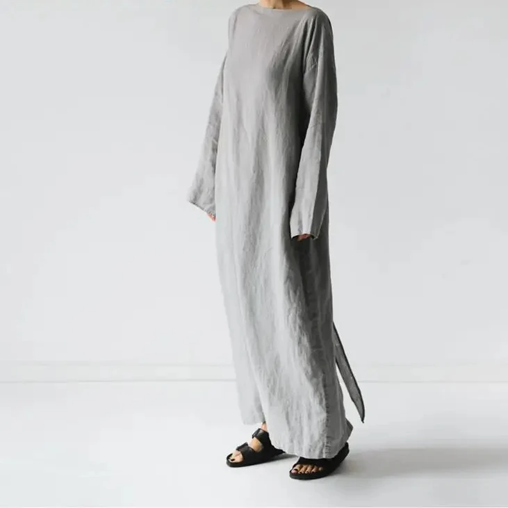 Abiti in cotone abito lungo donna Casual O collo manica lunga grigio tinta unita pieghe forcella divisa Designer di marca Maxi abiti 2023