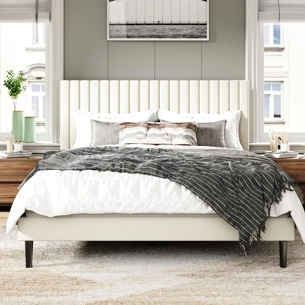 

Full Size Bed Frame w/ Velvet Upholstered Headboard, Platform Bed w/ Strong Wood Slats, Mattress Foundation, Box Spring Optional