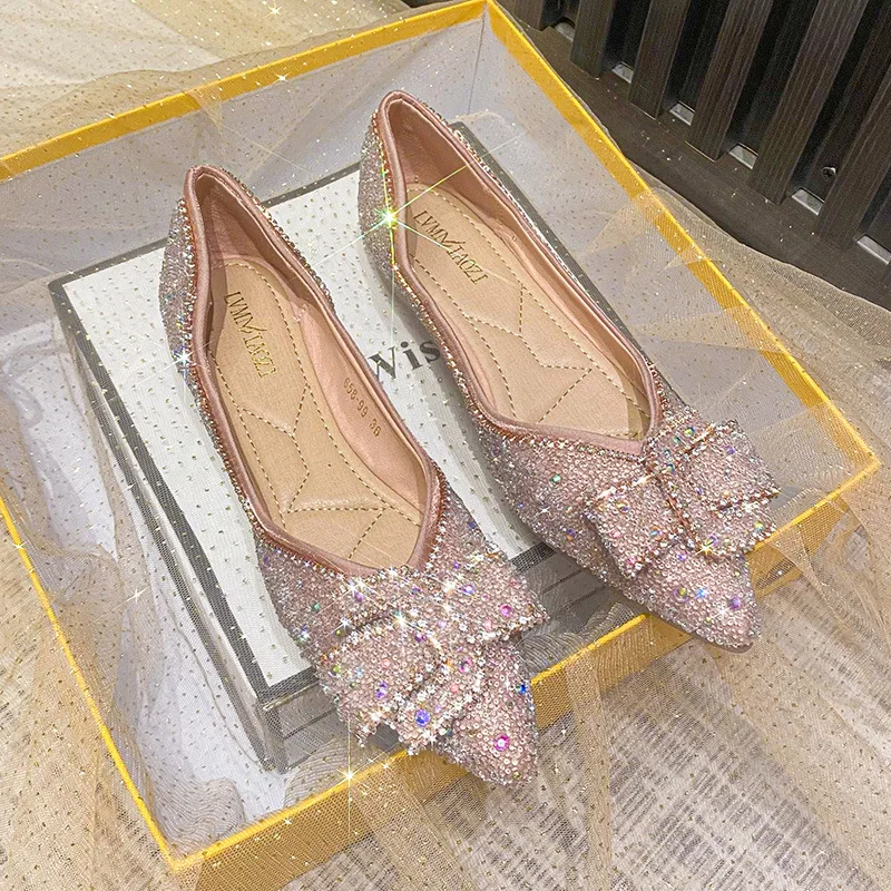 Classic rhinestone casual single shoe women\'s summer 2024 new full diamond ladies pointed shallow mouth large flat shoes 41-43