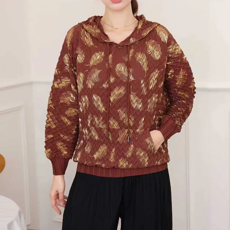 

Женские плиссированные топы Miyake, весна 2026, новинка, удобная толстовка с капюшоном и принтом, свободный повседневный пуловер, футболка, одежда