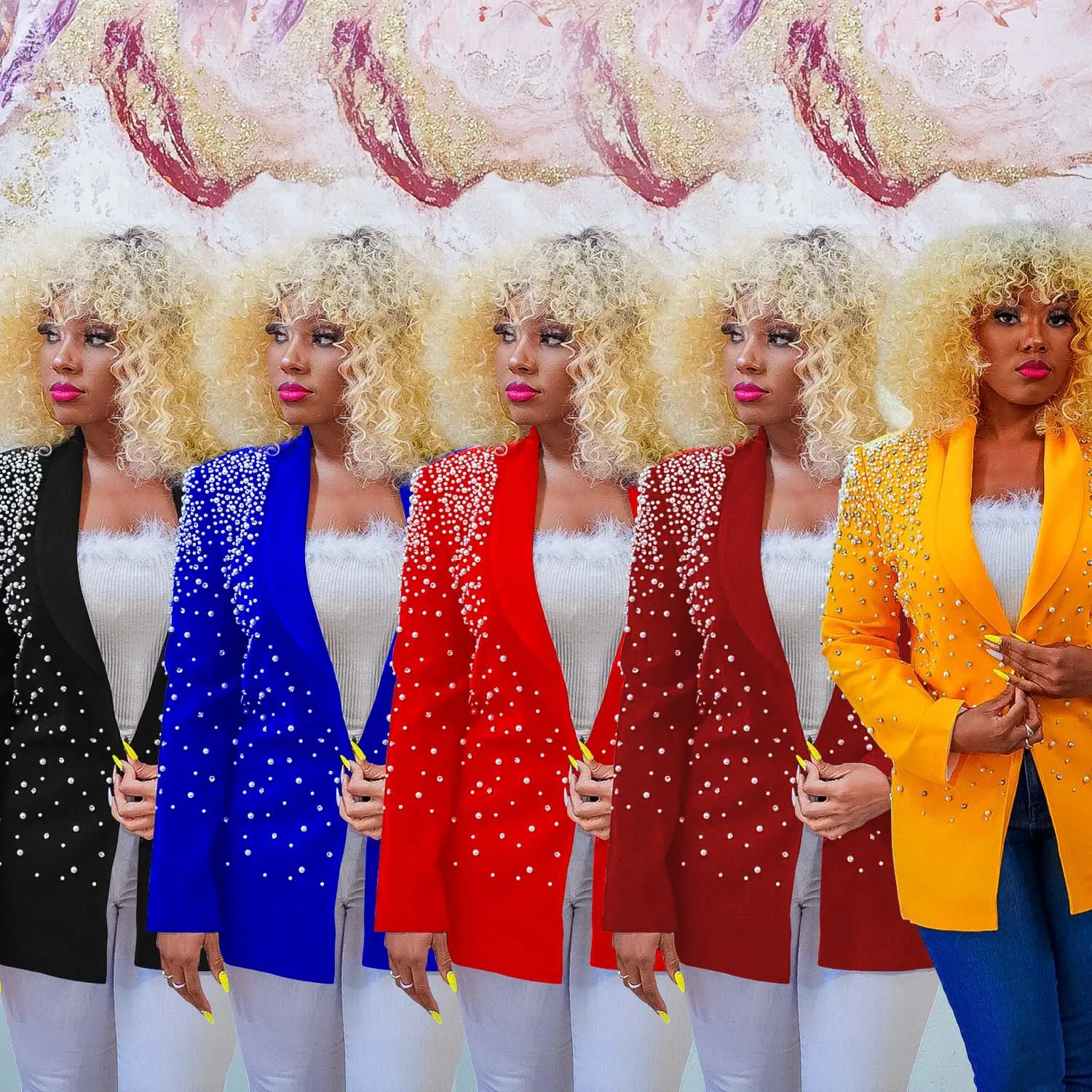 

Faionable Women's Long Sve Suit Jaet Large Collar Pearl Embellied Profional Office Wear Pure Color Summer 2023