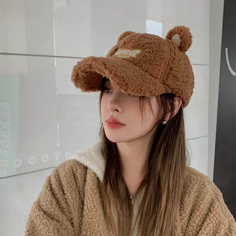 Plush Baseball Cap Female Autumn and Winter Plus Velvet Cartoon Hat Cute Casual Sunscreen Hat Hard Top Cap