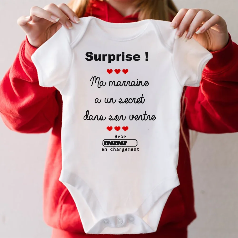 French Printed Godmother Pregnancy Announcement Baby Bodysuit Newborn Short Sleeve Jumpsuit Boys Girls Playsuits Infant Romper