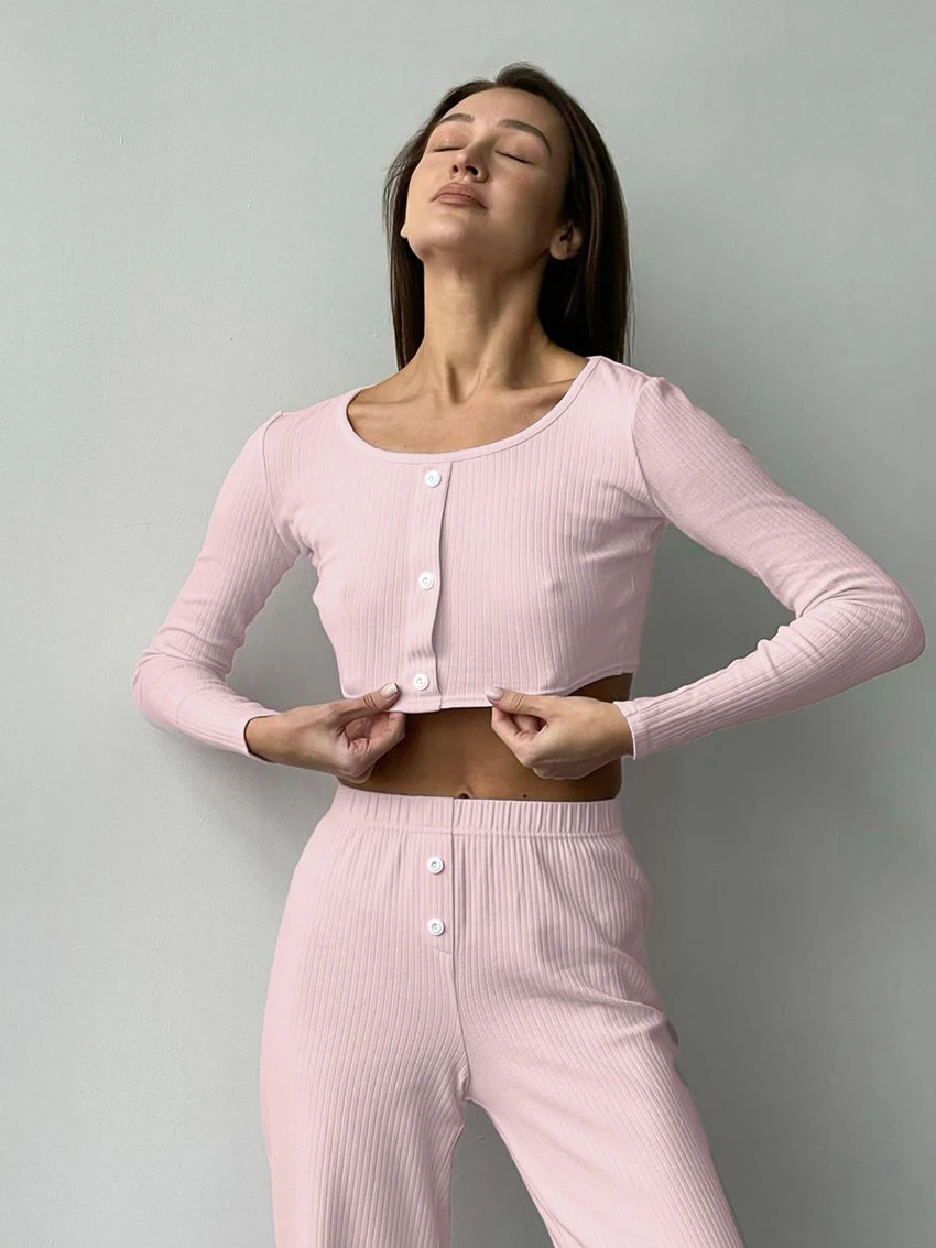 Marthaqiqi Home Clothes Women O-Neck Pajama Crop Top Nightwear Long Sleeve Sleepwear Pants Knitted Ladies Nightgowns 2 Piece Set