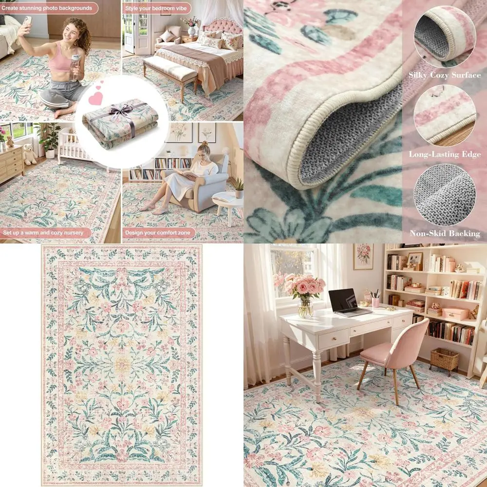 

Мягкий, тонкий, нескользящий моющийся ковер 6x9 футов с розовым цветочным узором для спальни, гостиной, детской игровой комнаты и общежитий