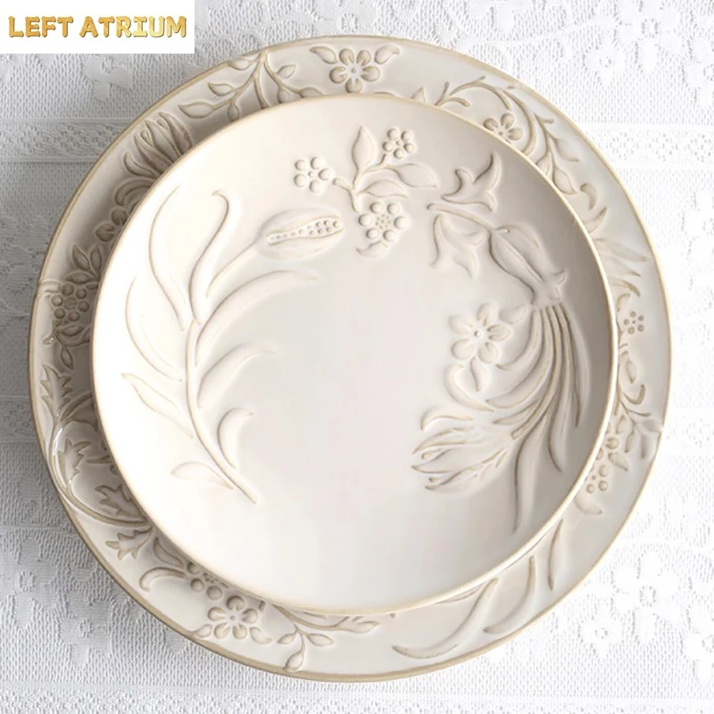 

Relief Floral Ceramic Plate Restaurant Steak Plate Cake Dim Sum Plate Pasta Plates Salad Plates Molecular Cuisine Tableware