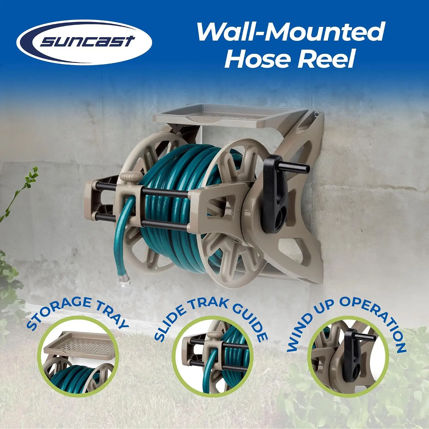Slide Trak Garden Hose Reel, Wall-Mount Holder with Storage Tray, Dark Taupe - Outdoor Mounted Organizer for 175 Ft of 5/8