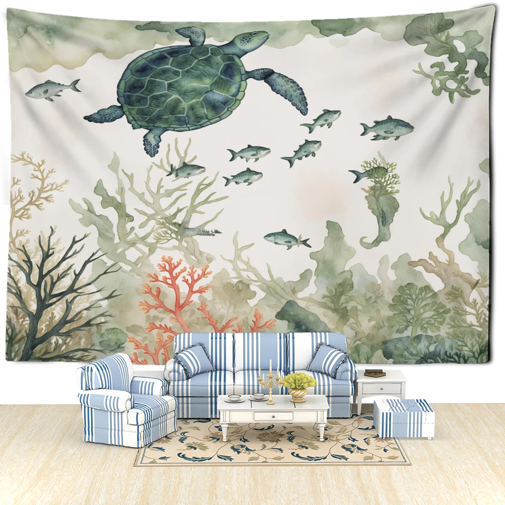 Green Turtle Small Fish Seaweed Tapestry Wall Hanging Natural Art Scenery Bohemian Dormitory Bedroom Home Decor