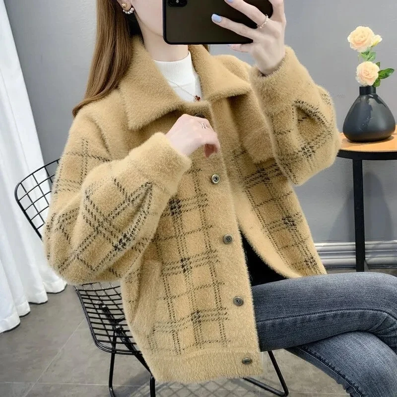 

Cardigan Sweater Women 2022 Autumn Winter Casual Loose Warm Knitting Imitation Mink Velvet Jackets Coats Streetwear Femme Tops
