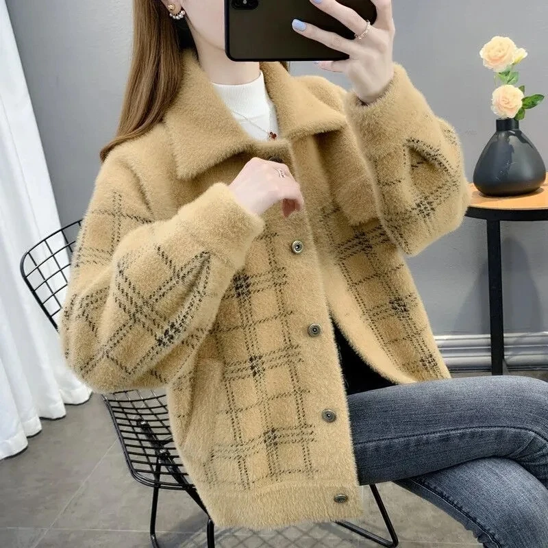 Cardigan Sweater Women 2022 Autumn Winter Casual Loose Warm Knitting Imitation Mink Velvet Jackets Coats Streetwear Femme Tops