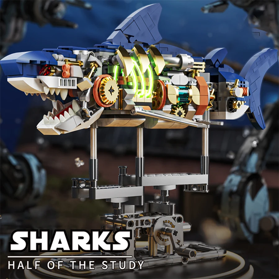 Creative Mechanical Shark Marine Animal Model Building Block Hand Cranked Shark Puzzle Assembly Educational Toys For Kids Gifts