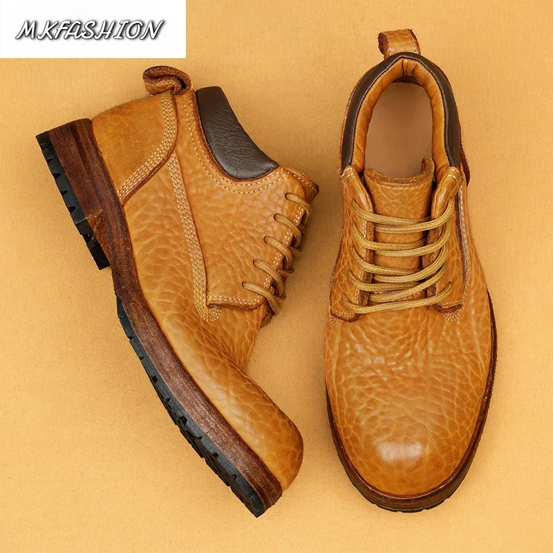 Men's Casual Shoes Embossed Cowhide Genuine Leather Ankle Boot Round Toe Lace Up Short Booties