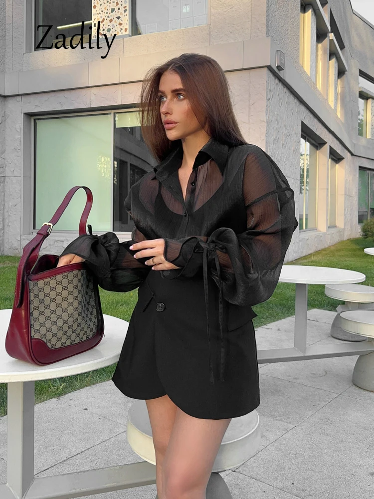 Zadily 2024 Summer Sexy Women Loose Black Shirt Korea Style Long Sleeve Transparent Ladies Blouse Button Up Chiffon Woman Tops