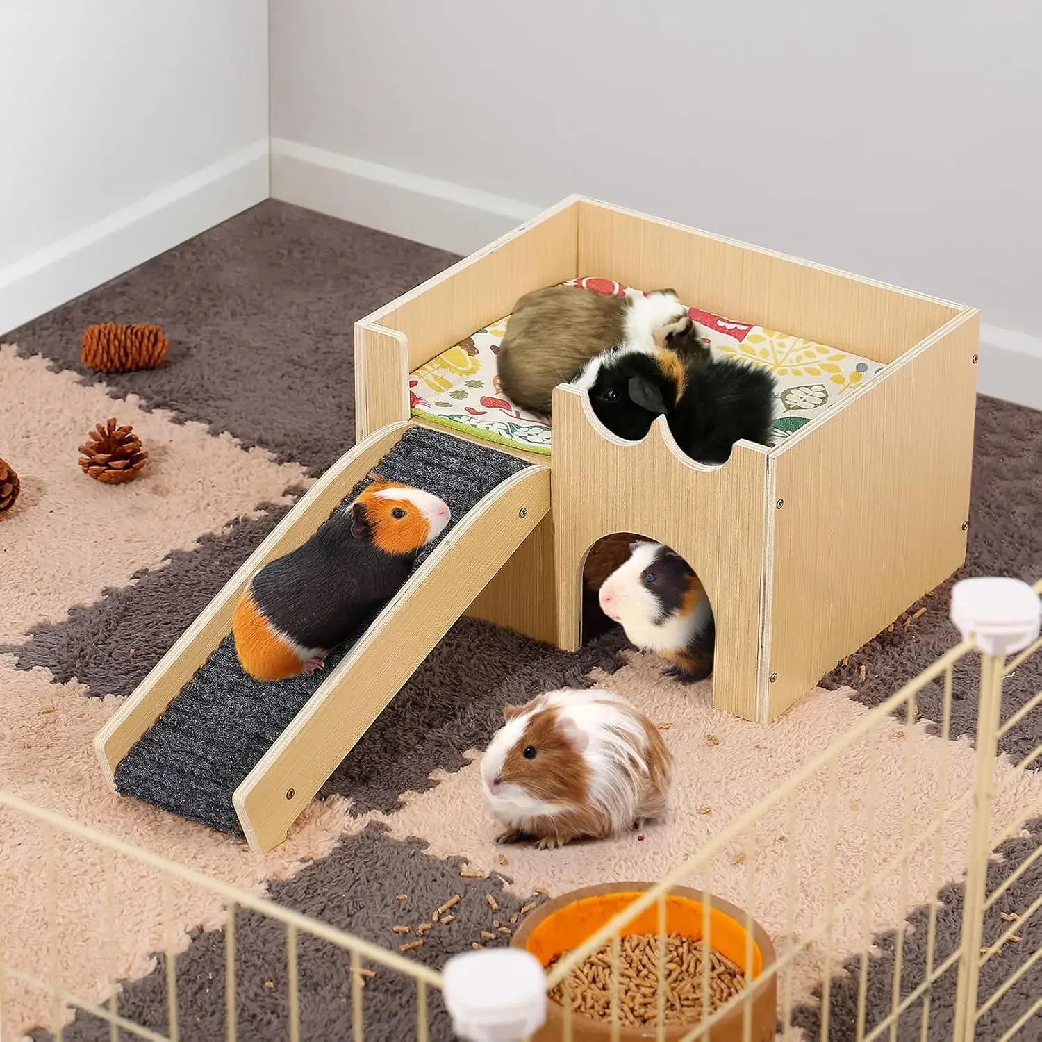 Premium houten cavia's huis |   Schuilplaats voor kleine dieren op 2 niveaus met trappen |   Snelle montage voor hamsters/konijnen/chilla's