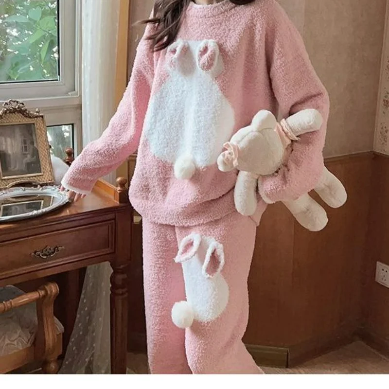 Cartoon Cute Rabbit Pajamas Women's Autumn and Winter Warm Thickened Soft Cloud Velvet Girl Heart Home Suit Winter Comfortable