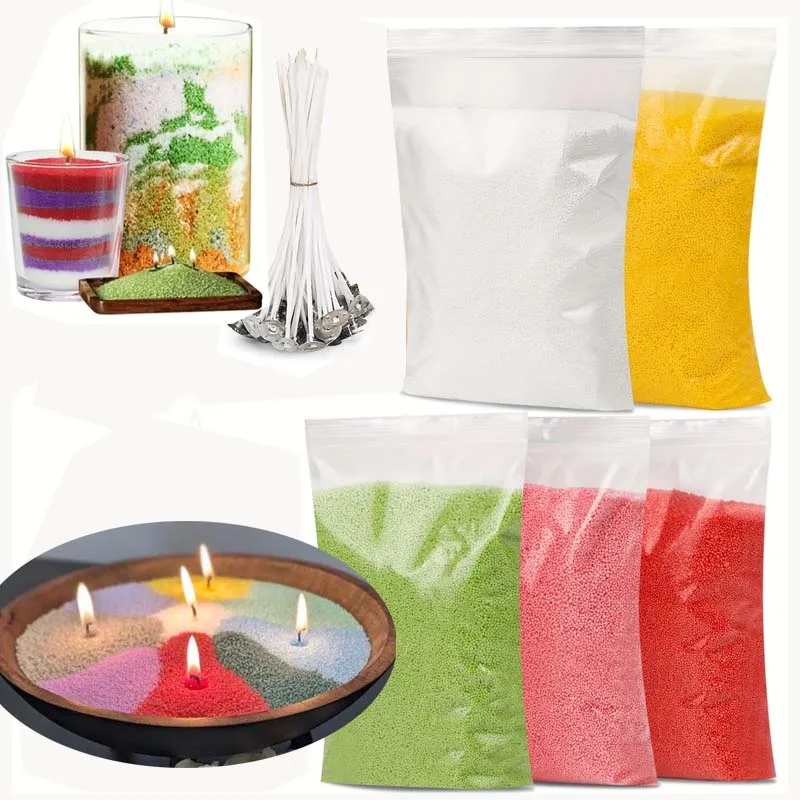 Bougie en perles colorées 50G et 5 mèches de bougies, cire de sable, cire de bougie en perles, pour la fabrication de bougies, mariage, artisanat de fête