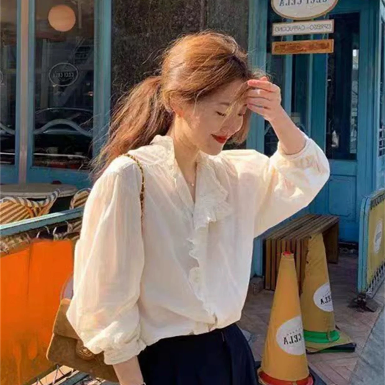 

Sweet Fre Sle Long Sve Pure Color Light Weight Sun Protection irt with Wood ain Commute Sle Loose Fit Women...