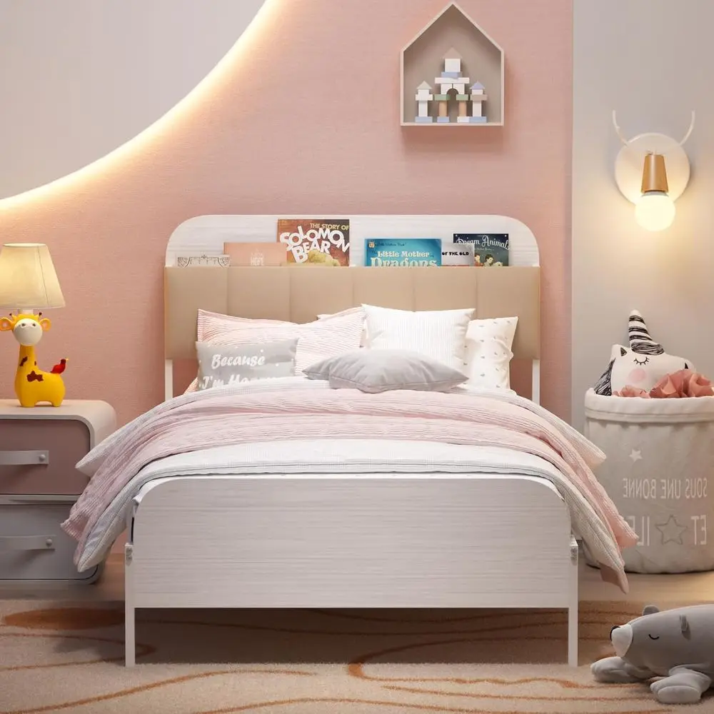 책장 헤드보드가 있는 흰색 트윈 금속 침대 프레임, 어린이, 청소년, 성인을 위한 덮개를 씌운 침대, 박스 스프링 필요 없음