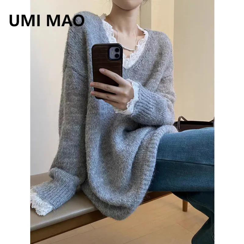 

UMI MAO свитера женские с v-образным вырезом кружевные пуловеры винтажные шикарные вязаные джемперы осень-зима новые удобные свободные свитера