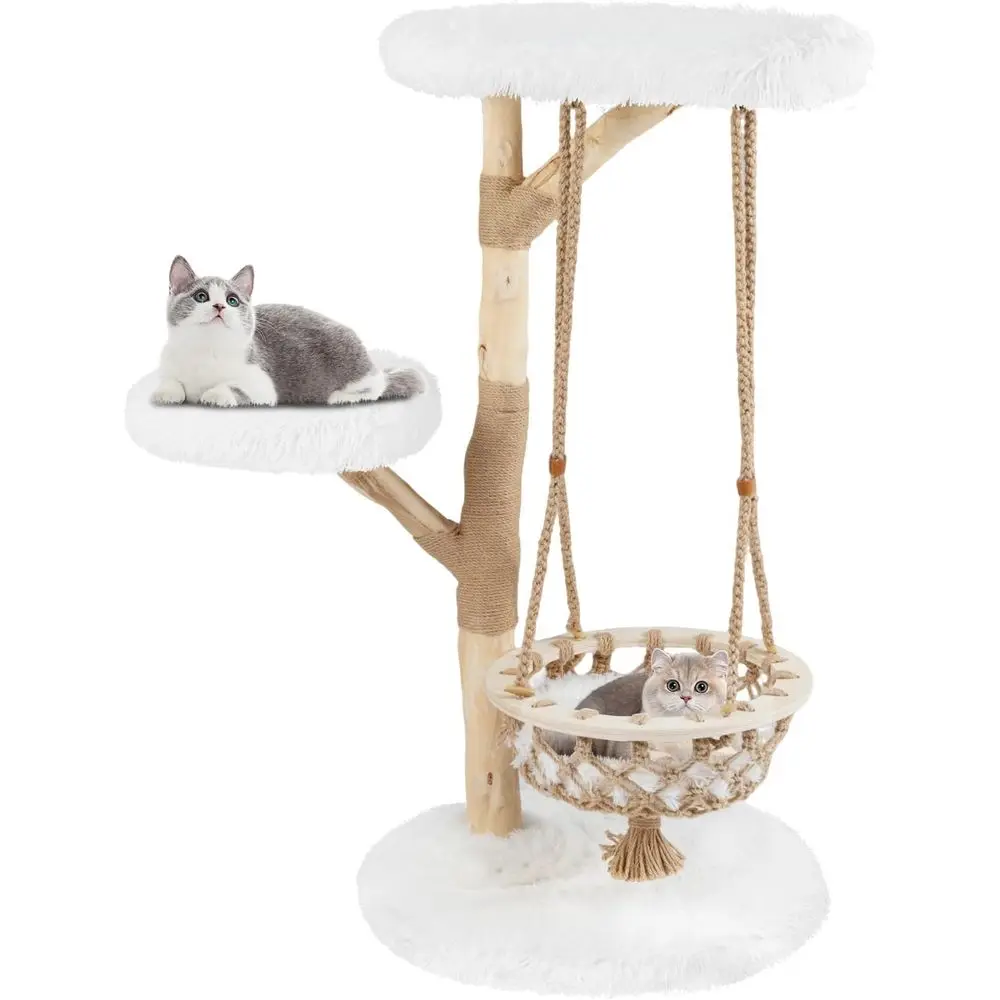

Кошачье дерево из цельного дерева Tangkula, современная кошачья башня с натуральной веткой 48,5 дюйма и роскошной подвесной колыбелью, джутовая когтеточка, верхний окунь,