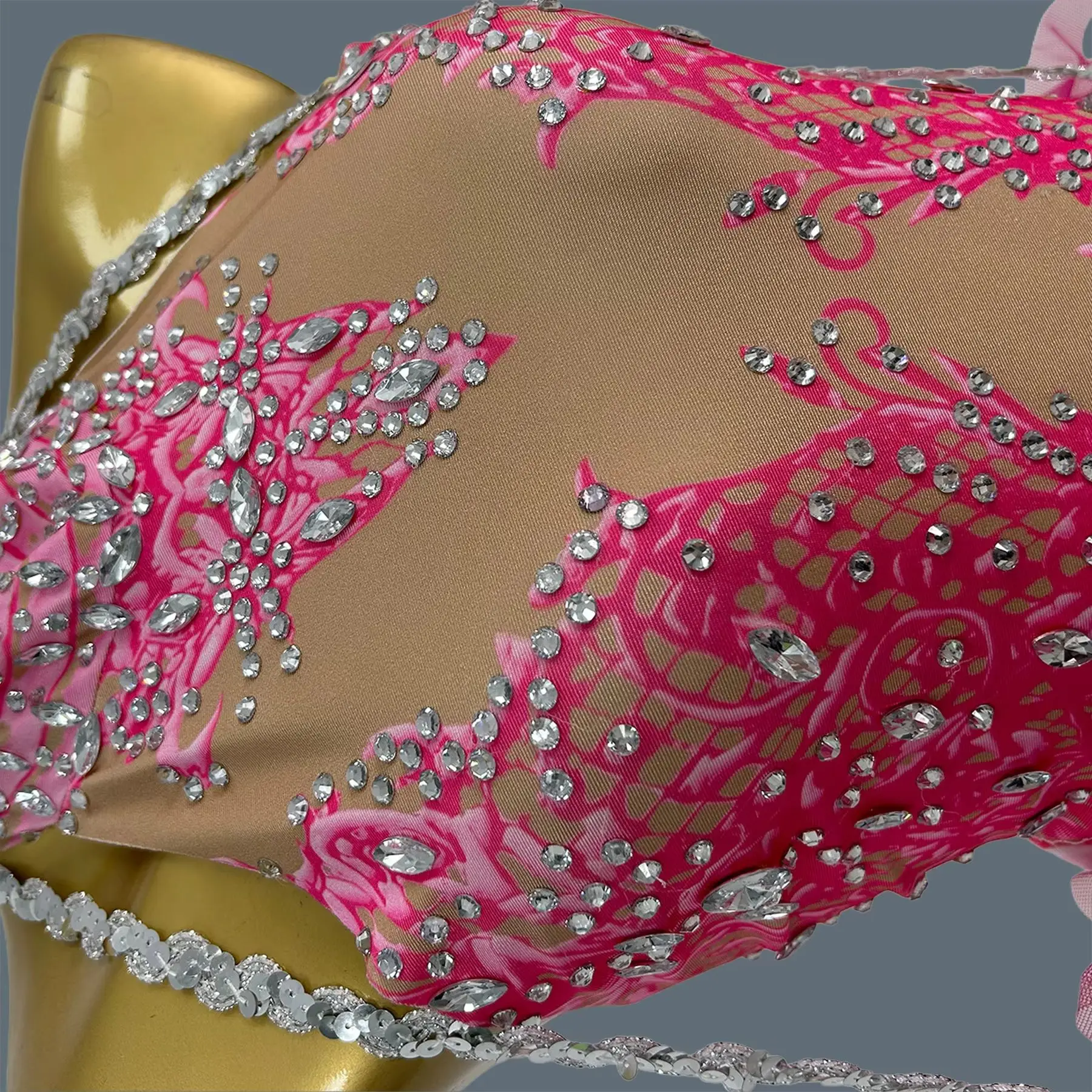 Orange Floral Rhinestone Halter Mesh Bodysuit Women Party Crystal Chain Latin Dance Club Stage Show Costume Sexy Wear Pingguo