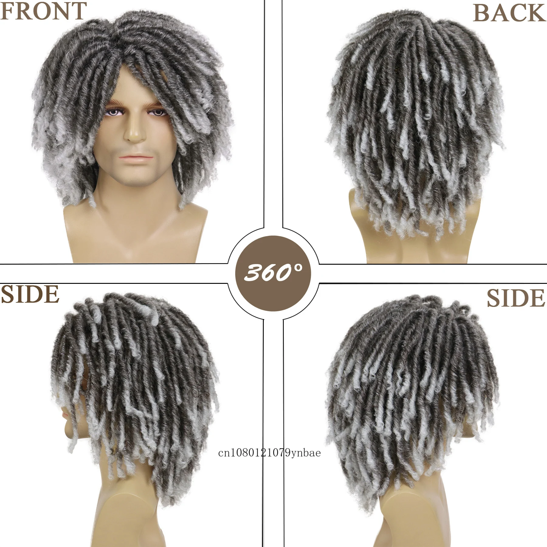 Parrucca grigia Ombre da uomo parrucca Cosplay sintetica per capelli corti con frangia acconciature DreadLock parrucche scoppiettanti Hip-Hop