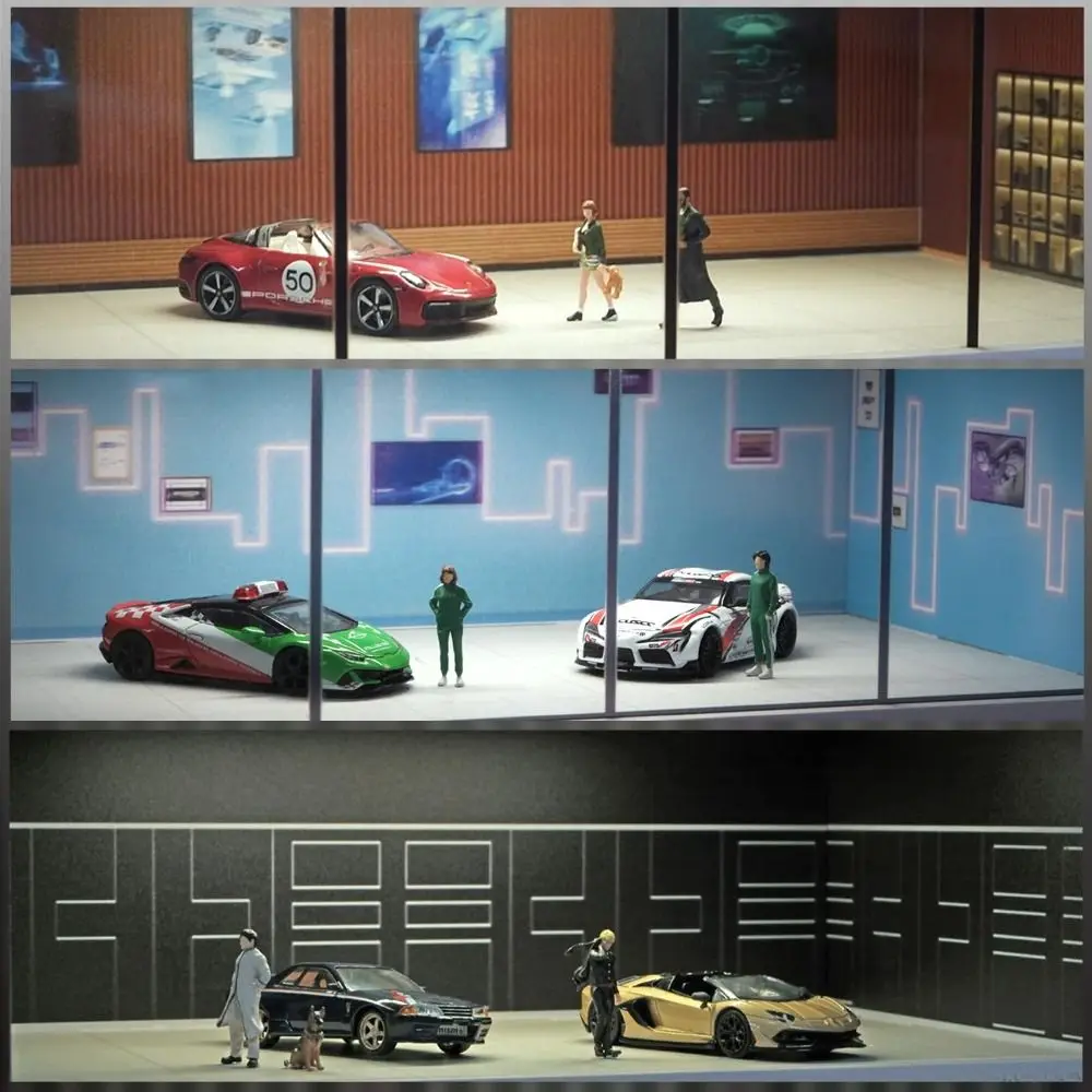 1/64 Scale Car Model Showroom Simulate Exhibition Hall Garage Scene Model Assemble With Light Miniature Car Garage Boys Gift