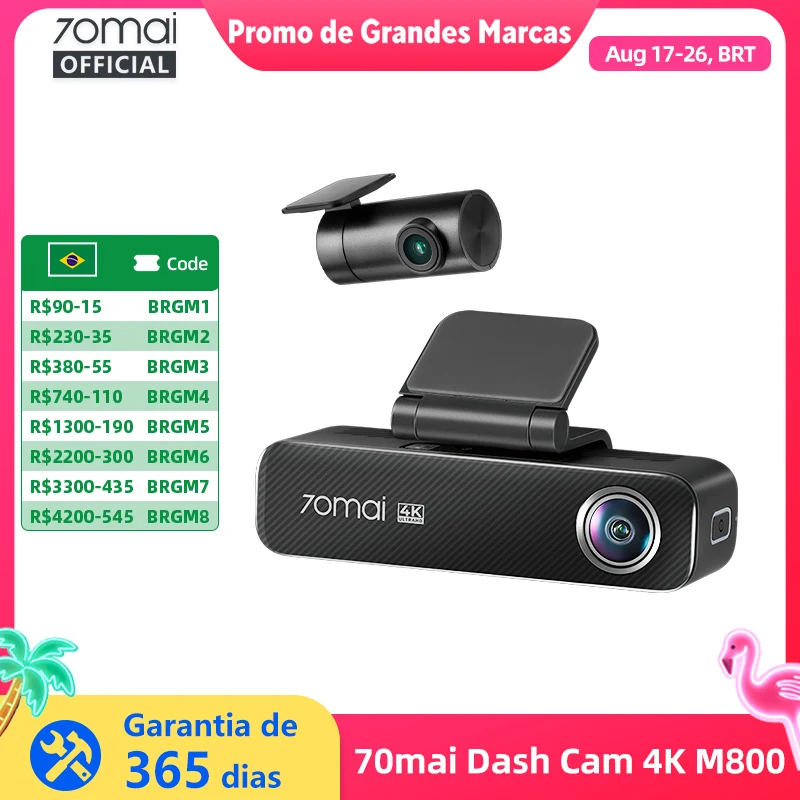 Câmera Veicular 70mai 4K M800 2160P EMMC com 128GB Integrado, GPS, Suporte ADAS, Monitoramento de Estacionamento 24H, Compatível com 4G, Versão Atualizada 70mai M500