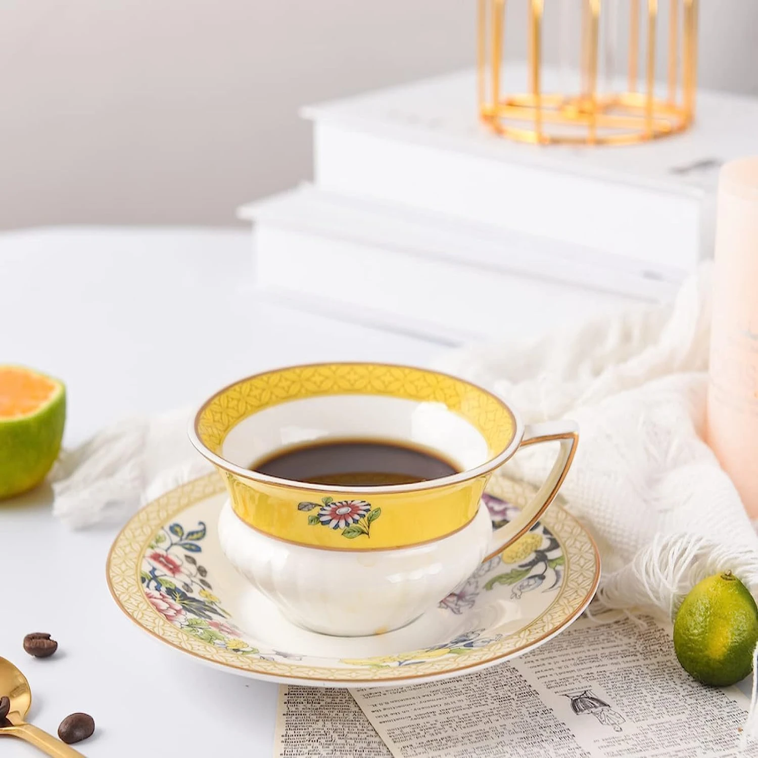 Elegant and unique handcrafted white ceramic coffee cup and saucer set with an exquisite design for coffee enthusiasts. Delicate