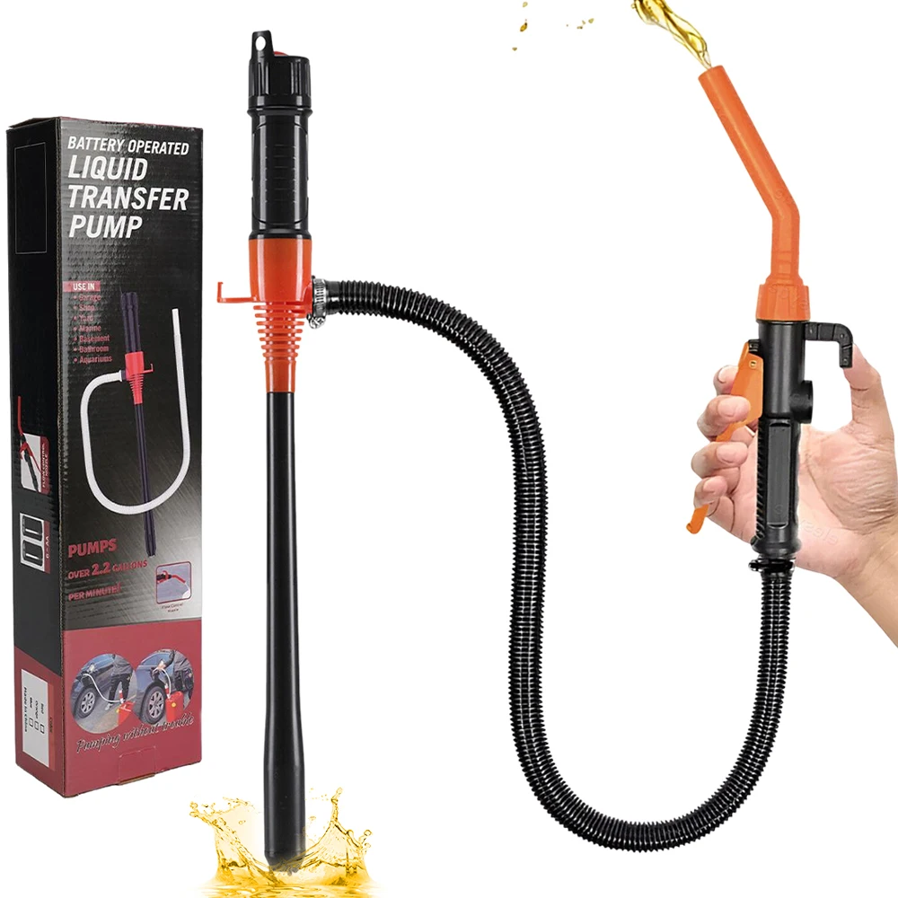 Pompe de transfert de liquide avec tuyau extra-long et buse de contrôle de débit – Fonctionne sur batterie – 2,2 GPM – Pour eau, diesel, détergent – Idéale pour générateur d'urgence, camping-car, VTT, tondeuse à gazon