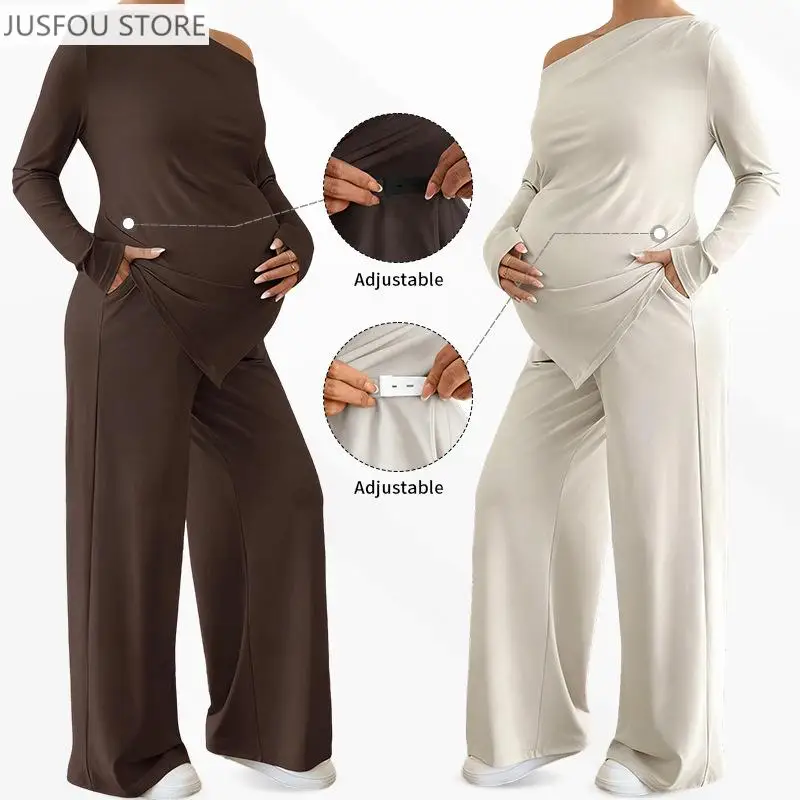 

Women's Off Shoulder Asymmetric Hem Two Piece Set with Straight Pants, Loose Comfortable Maternity Wear Adjustable Waist Belt