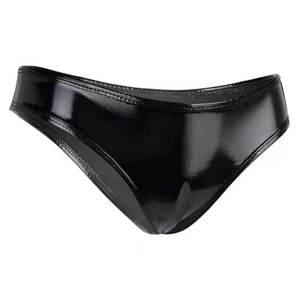 Womens Wet PVC Open Crotch Briefs Sexy Lingerie Crotchless Panties Party Clubwear Costume High Cut Mini G-string Culbwear A50