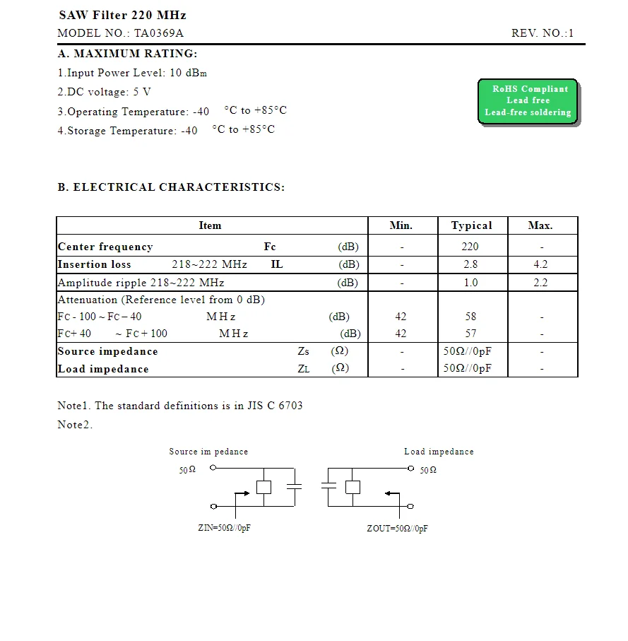 SMD SAW 필터 재고, TA0369A 코드 369, 220MHz 패키지, 신제품, 10 개