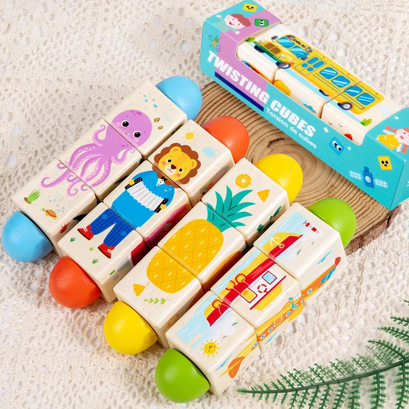 Blocchi puzzle rotanti in legno 3D Trasporto di animali Frutta Puzzle Giocattolo Educazione precoce per bambini per divertimento cognitivo del colore della forma