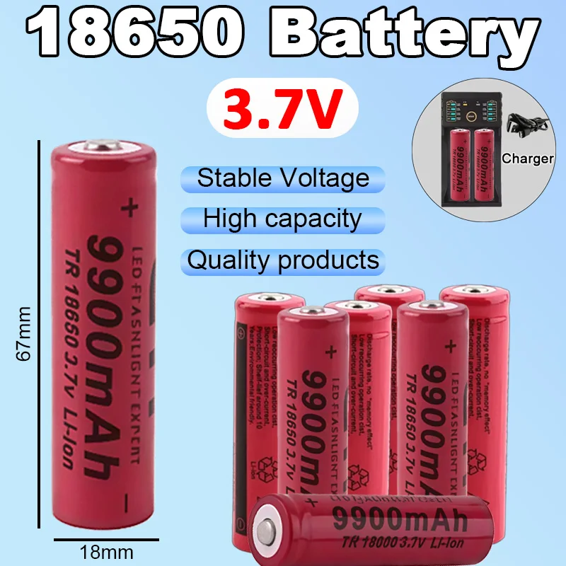 

High Capacity 18650 Battery 9900mAh 3.7V Rechargeable Li-ion, Long Lasting for Powerful Flashlight, Toy, DIY - Universal Use
