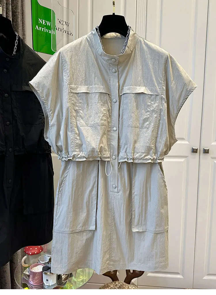 

plus Size Women's Utility Dress Loose Fitting Drawstring Waist Short A-Line Skirt Korean Style Commute Wind Summer Dress